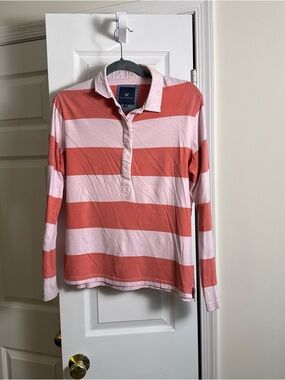 Crew Clothing Company Pink Orange Striped Rugby Shirt Preppy Coastal Top Size 12